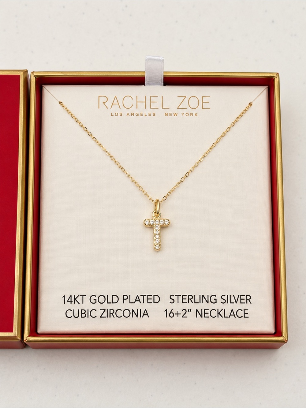 Rachel Zoe “T” 14KT Gold Plated Sterling Silver Pendant Necklace with CZ Stones